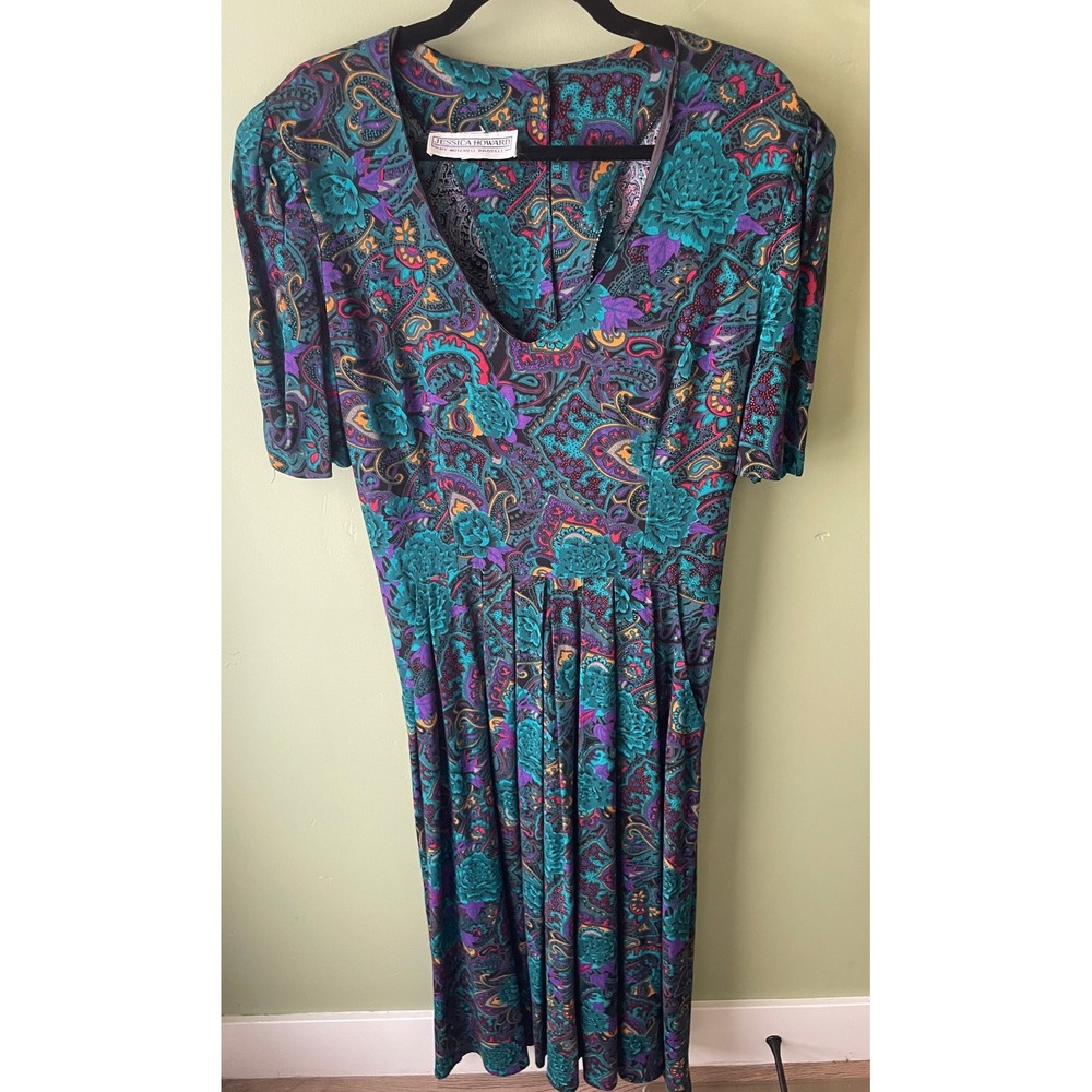 Jessica Howard Vintage Paisley Floral Midi Dress Teal Purple Pockets Size 10